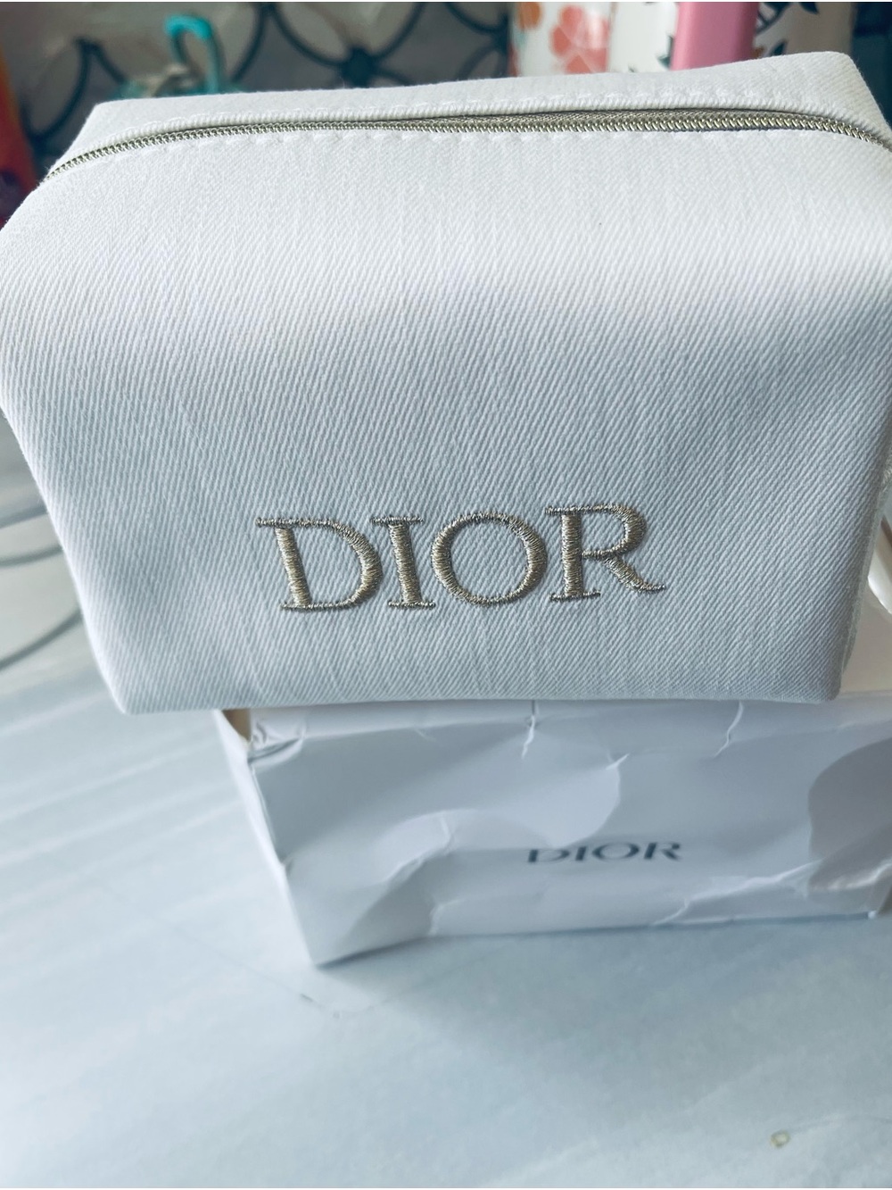 Dior White Cosmetic Pouch with Gold Zipper